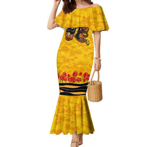 Personalised Richmond Tiger ANZAC Family Matching Mermaid Dress and Hawaiian Shirt Military Remembrance Australian Football Mascot Camouflage