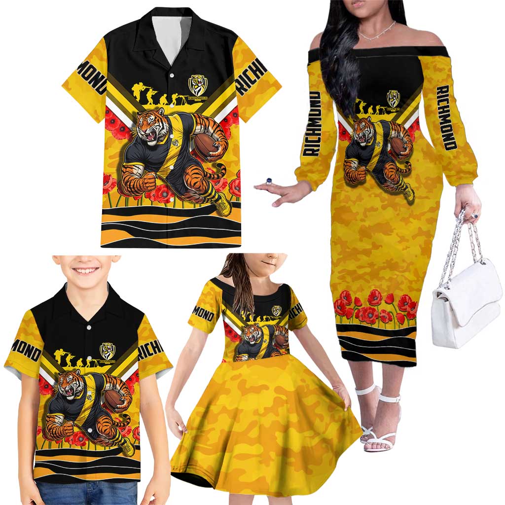 Personalised Richmond Tiger ANZAC Family Matching Off The Shoulder Long Sleeve Dress and Hawaiian Shirt Military Remembrance Australian Football Mascot Camouflage