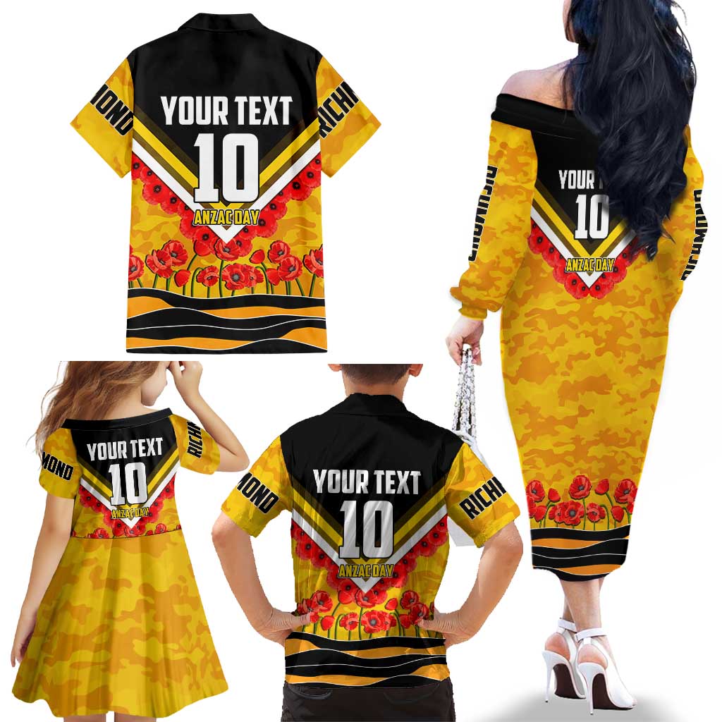 Personalised Richmond Tiger ANZAC Family Matching Off The Shoulder Long Sleeve Dress and Hawaiian Shirt Military Remembrance Australian Football Mascot Camouflage