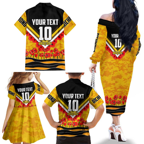 Personalised Richmond Tiger ANZAC Family Matching Off The Shoulder Long Sleeve Dress and Hawaiian Shirt Military Remembrance Australian Football Mascot Camouflage