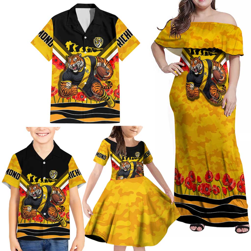 Personalised Richmond Tiger ANZAC Family Matching Off Shoulder Maxi Dress and Hawaiian Shirt Military Remembrance Australian Football Mascot Camouflage