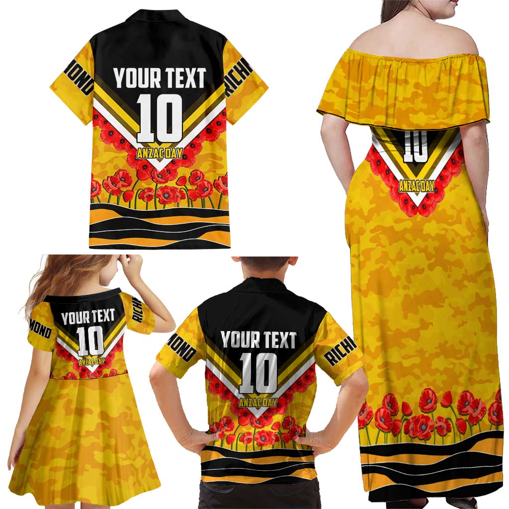 Personalised Richmond Tiger ANZAC Family Matching Off Shoulder Maxi Dress and Hawaiian Shirt Military Remembrance Australian Football Mascot Camouflage