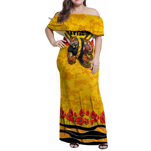 Personalised Richmond Tiger ANZAC Family Matching Off Shoulder Maxi Dress and Hawaiian Shirt Military Remembrance Australian Football Mascot Camouflage