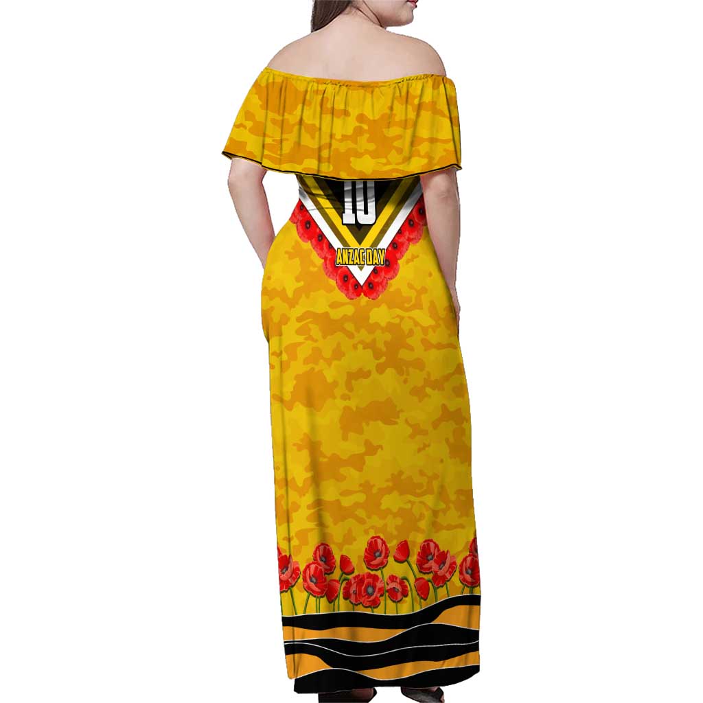 Personalised Richmond Tiger ANZAC Family Matching Off Shoulder Maxi Dress and Hawaiian Shirt Military Remembrance Australian Football Mascot Camouflage