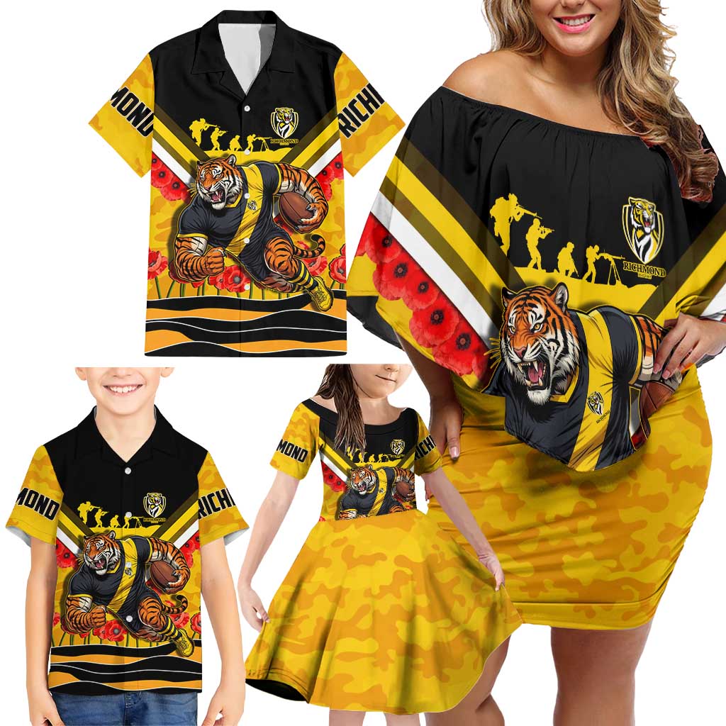 Personalised Richmond Tiger ANZAC Family Matching Off Shoulder Short Dress and Hawaiian Shirt Military Remembrance Australian Football Mascot Camouflage
