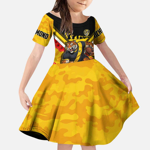 Personalised Richmond Tiger ANZAC Family Matching Off Shoulder Short Dress and Hawaiian Shirt Military Remembrance Australian Football Mascot Camouflage