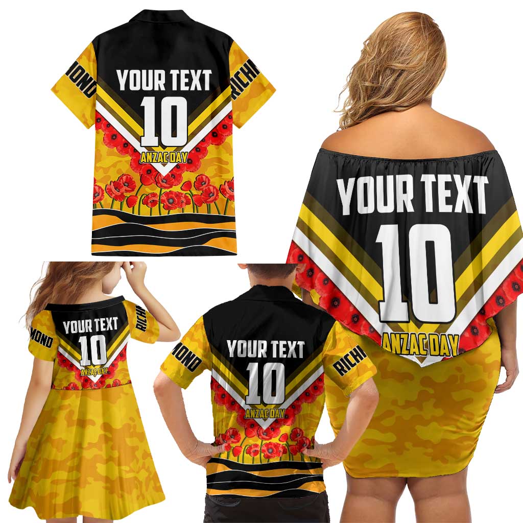 Personalised Richmond Tiger ANZAC Family Matching Off Shoulder Short Dress and Hawaiian Shirt Military Remembrance Australian Football Mascot Camouflage