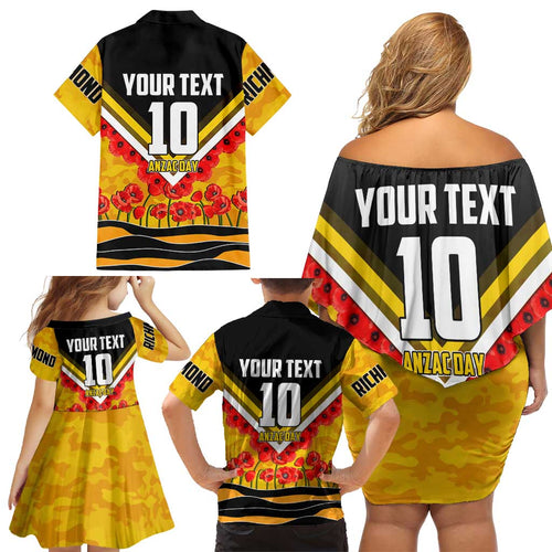 Personalised Richmond Tiger ANZAC Family Matching Off Shoulder Short Dress and Hawaiian Shirt Military Remembrance Australian Football Mascot Camouflage