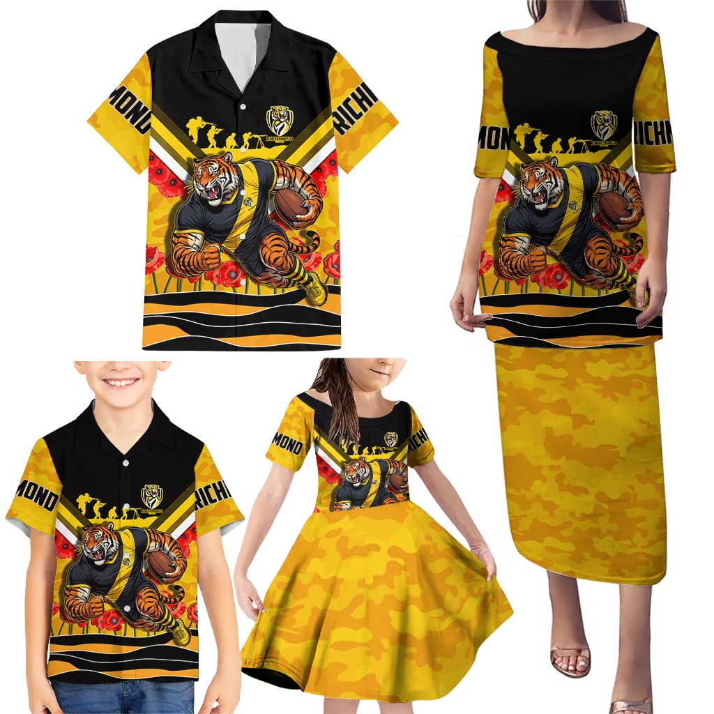 Personalised Richmond Tiger ANZAC Family Matching Puletasi and Hawaiian Shirt Military Remembrance Australian Football Mascot Camouflage