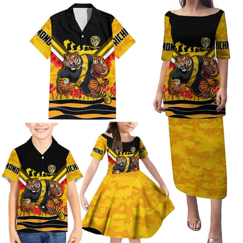 Personalised Richmond Tiger ANZAC Family Matching Puletasi and Hawaiian Shirt Military Remembrance Australian Football Mascot Camouflage