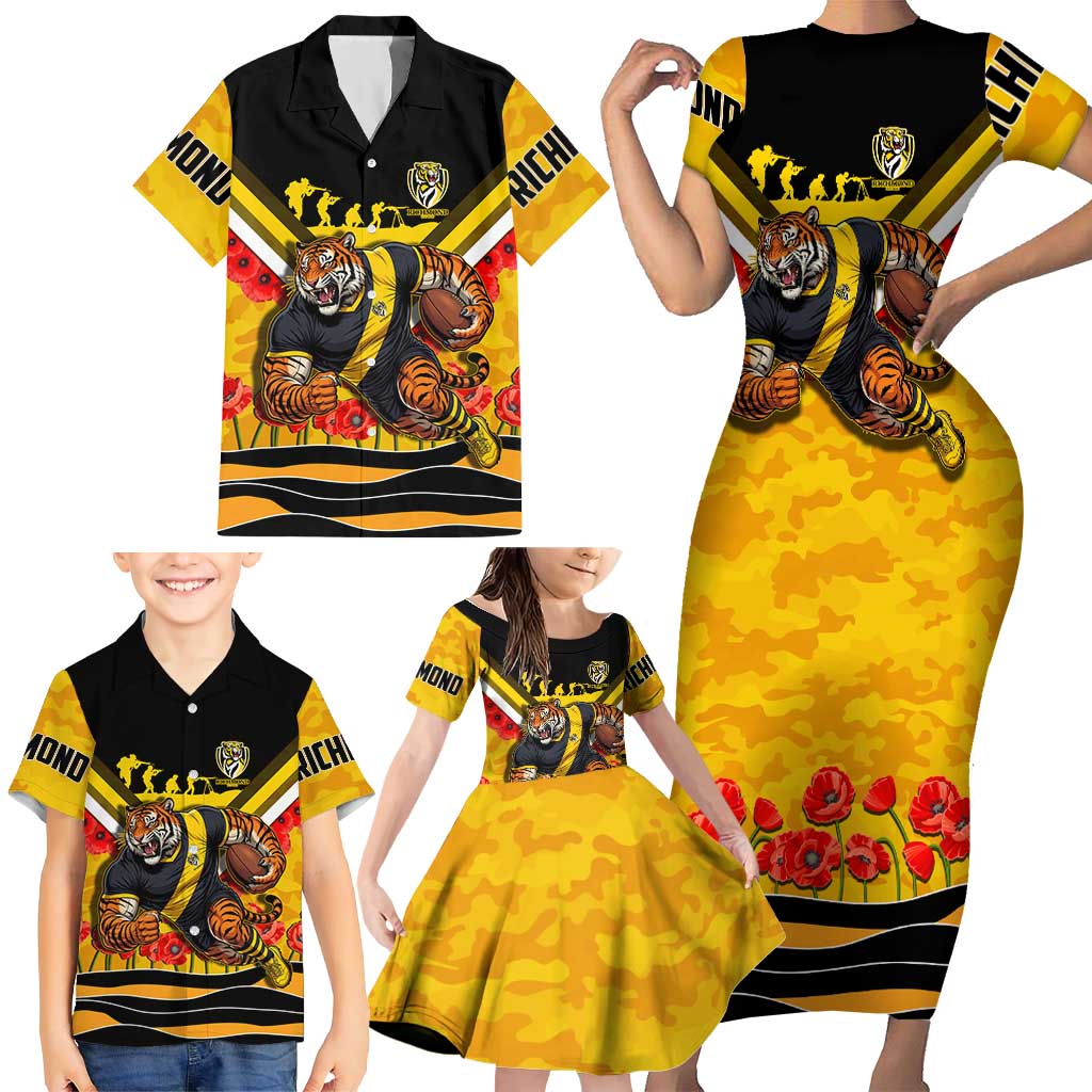 Personalised Richmond Tiger ANZAC Family Matching Short Sleeve Bodycon Dress and Hawaiian Shirt Military Remembrance Australian Football Mascot Camouflage