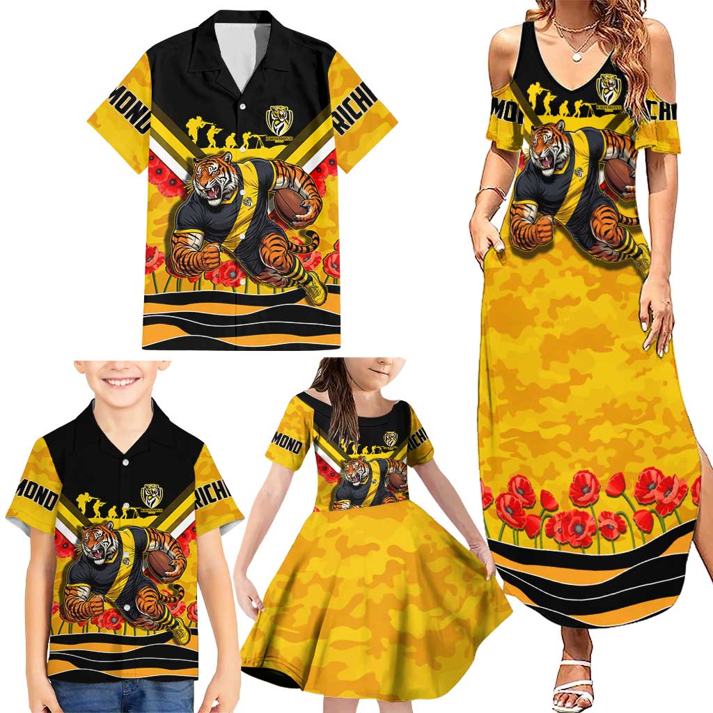 Personalised Richmond Tiger ANZAC Family Matching Summer Maxi Dress and Hawaiian Shirt Military Remembrance Australian Football Mascot Camouflage