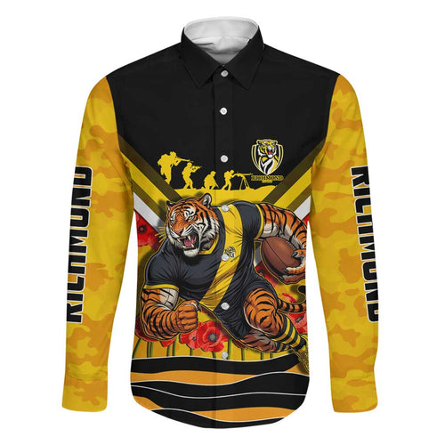 Personalised Richmond Tiger ANZAC Family Matching Summer Maxi Dress and Hawaiian Shirt Military Remembrance Australian Football Mascot Camouflage