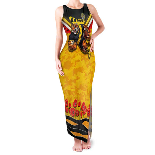 Personalised Richmond Tiger ANZAC Family Matching Tank Maxi Dress and Hawaiian Shirt Military Remembrance Australian Football Mascot Camouflage