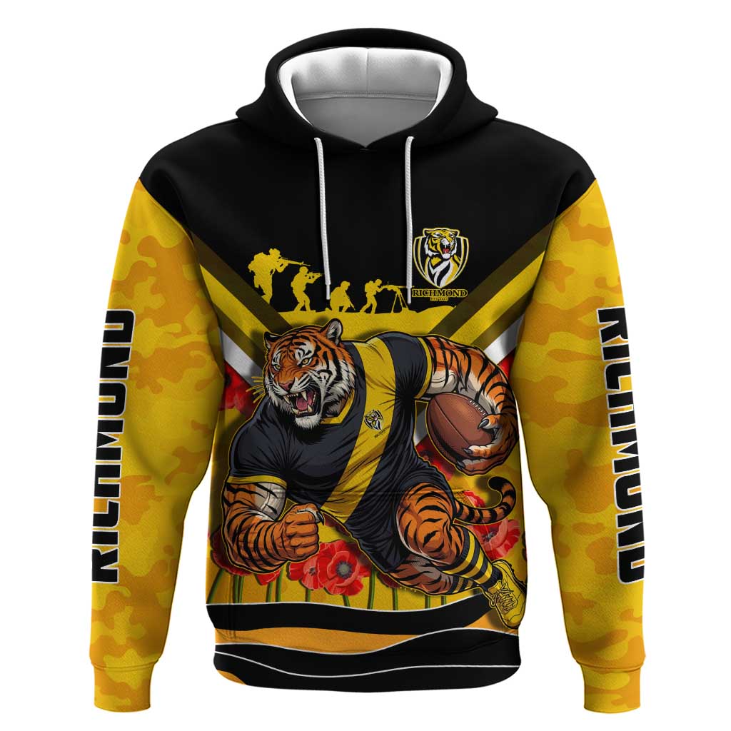Personalised Richmond Tiger ANZAC Hoodie Military Remembrance Australian Football Mascot Camouflage