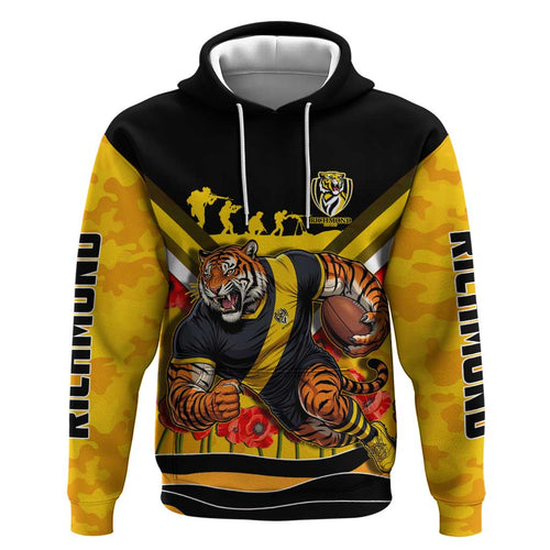 Personalised Richmond Tiger ANZAC Hoodie Military Remembrance Australian Football Mascot Camouflage