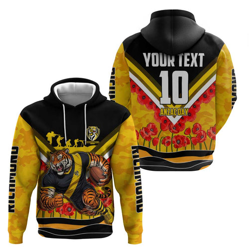 Personalised Richmond Tiger ANZAC Hoodie Military Remembrance Australian Football Mascot Camouflage
