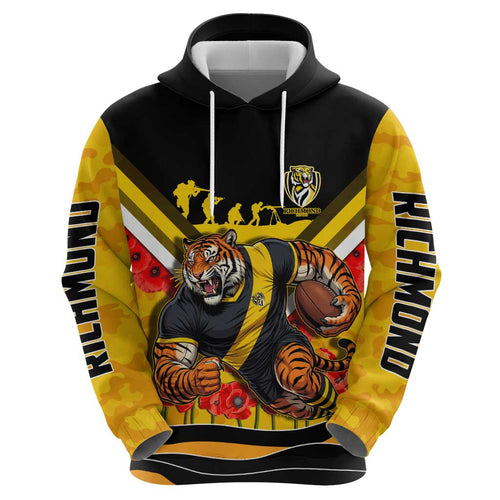 Personalised Richmond Tiger ANZAC Hoodie Military Remembrance Australian Football Mascot Camouflage