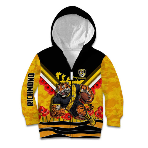 Personalised Richmond Tiger ANZAC Kid Hoodie Military Remembrance Australian Football Mascot Camouflage