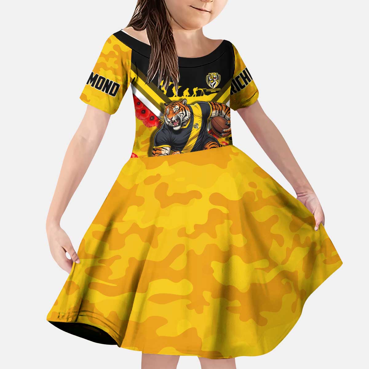 Personalised Richmond Tiger ANZAC Kid Short Sleeve Dress Military Remembrance Australian Football Mascot Camouflage