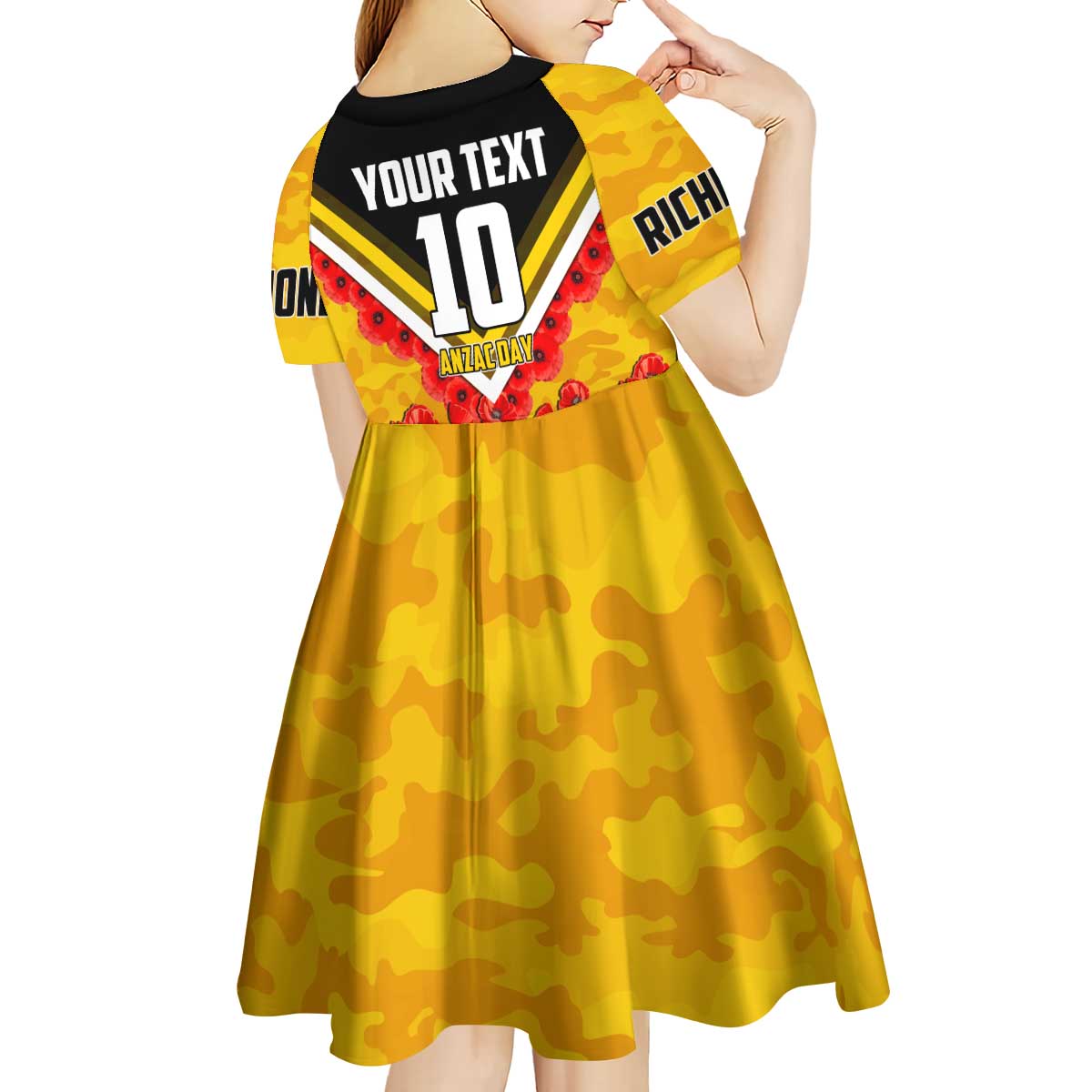 Personalised Richmond Tiger ANZAC Kid Short Sleeve Dress Military Remembrance Australian Football Mascot Camouflage
