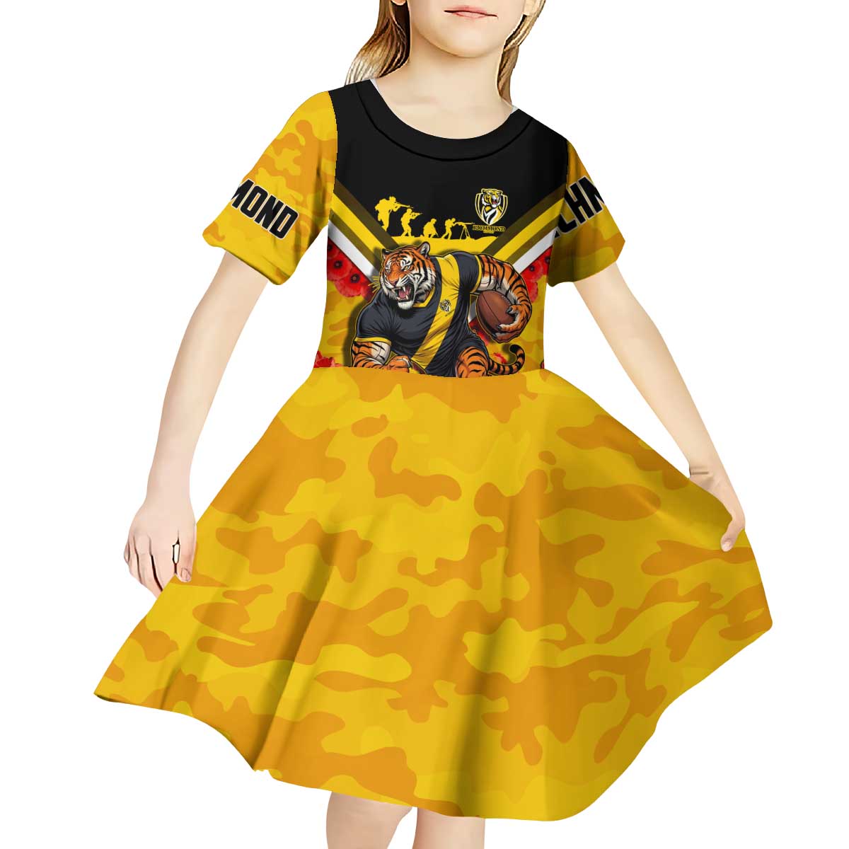 Personalised Richmond Tiger ANZAC Kid Short Sleeve Dress Military Remembrance Australian Football Mascot Camouflage
