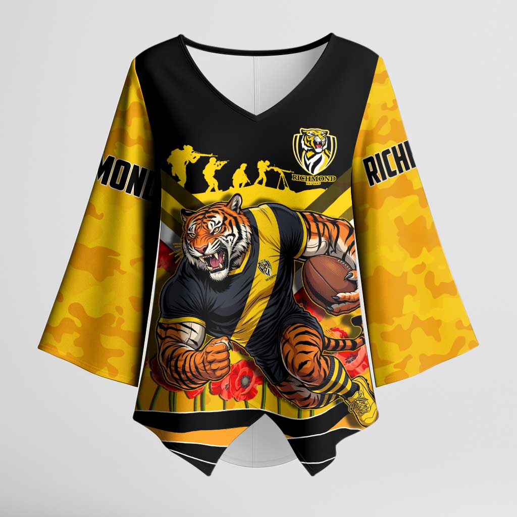 Personalised Richmond Tiger ANZAC Kimono Sleeve Blouse Military Remembrance Australian Football Mascot Camouflage