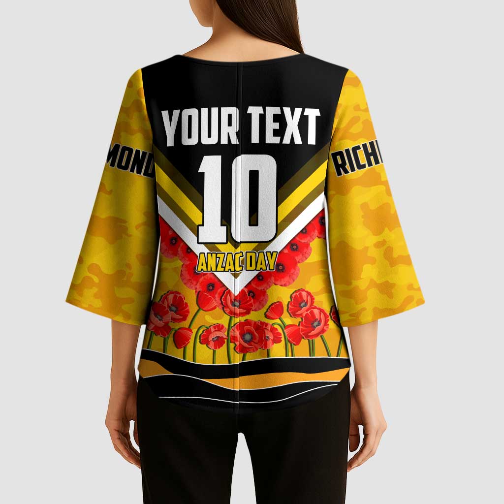 Personalised Richmond Tiger ANZAC Kimono Sleeve Blouse Military Remembrance Australian Football Mascot Camouflage