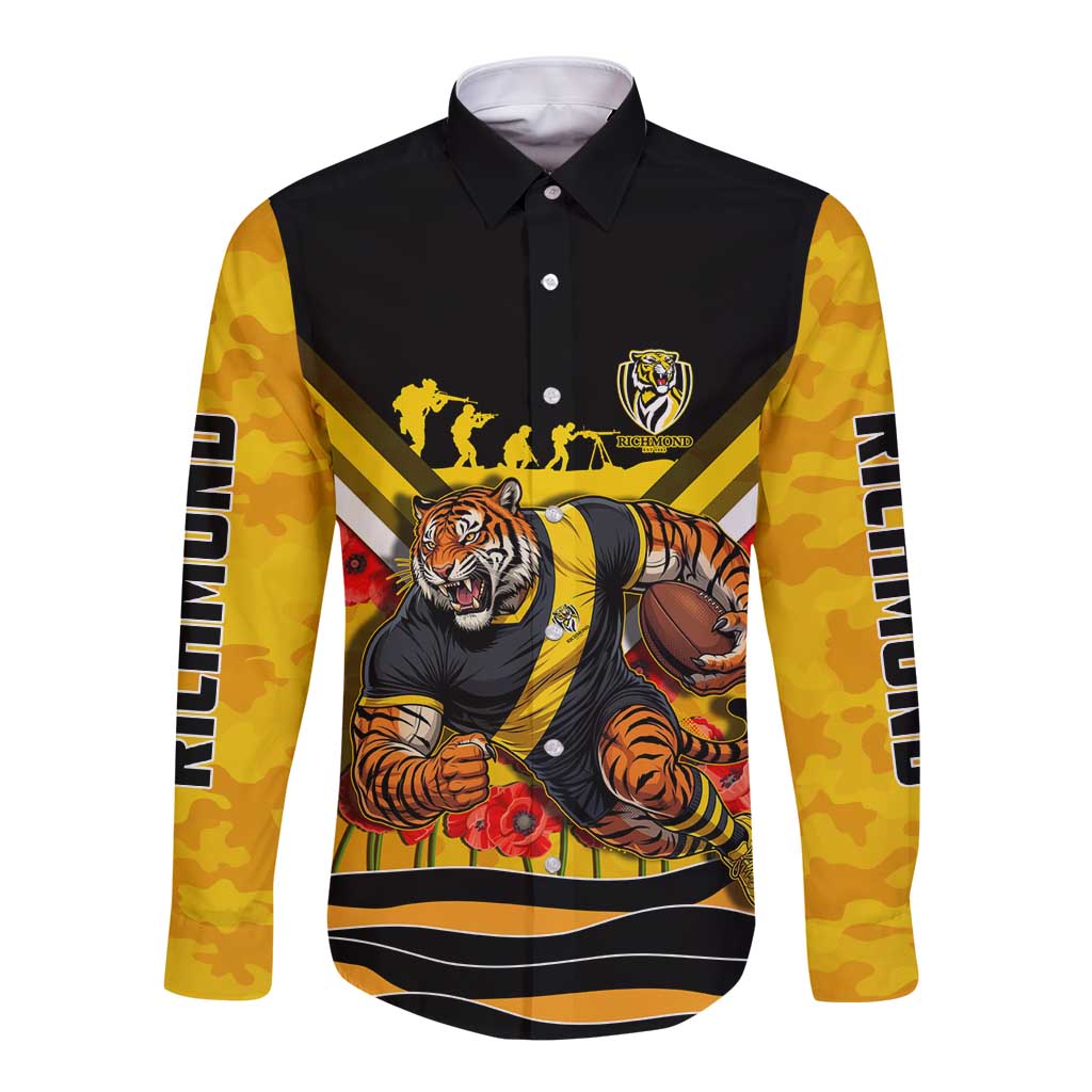 Personalised Richmond Tiger ANZAC Long Sleeve Button Shirt Military Remembrance Australian Football Mascot Camouflage