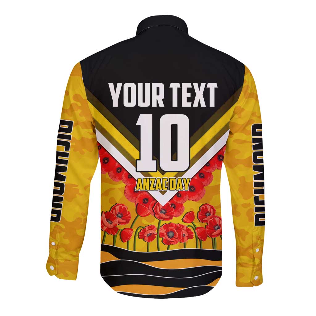 Personalised Richmond Tiger ANZAC Long Sleeve Button Shirt Military Remembrance Australian Football Mascot Camouflage