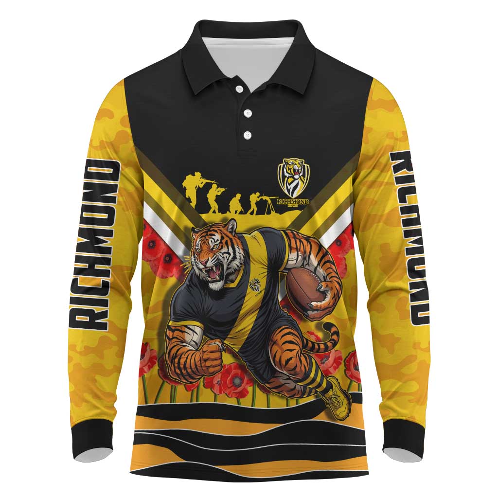 Personalised Richmond Tiger ANZAC Long Sleeve Polo Shirt Military Remembrance Australian Football Mascot Camouflage