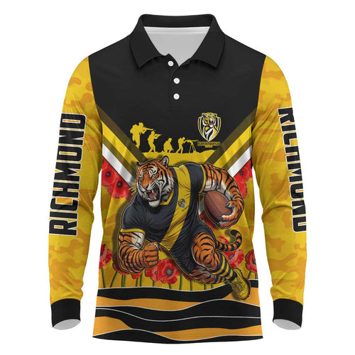 Personalised Richmond Tiger ANZAC Long Sleeve Polo Shirt Military Remembrance Australian Football Mascot Camouflage