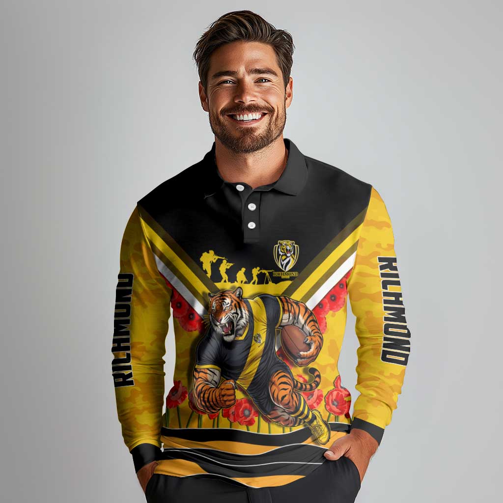Personalised Richmond Tiger ANZAC Long Sleeve Polo Shirt Military Remembrance Australian Football Mascot Camouflage