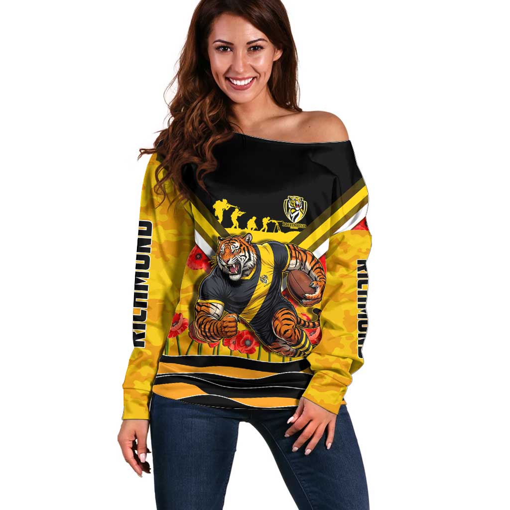 Personalised Richmond Tiger ANZAC Off Shoulder Sweater Military Remembrance Australian Football Mascot Camouflage