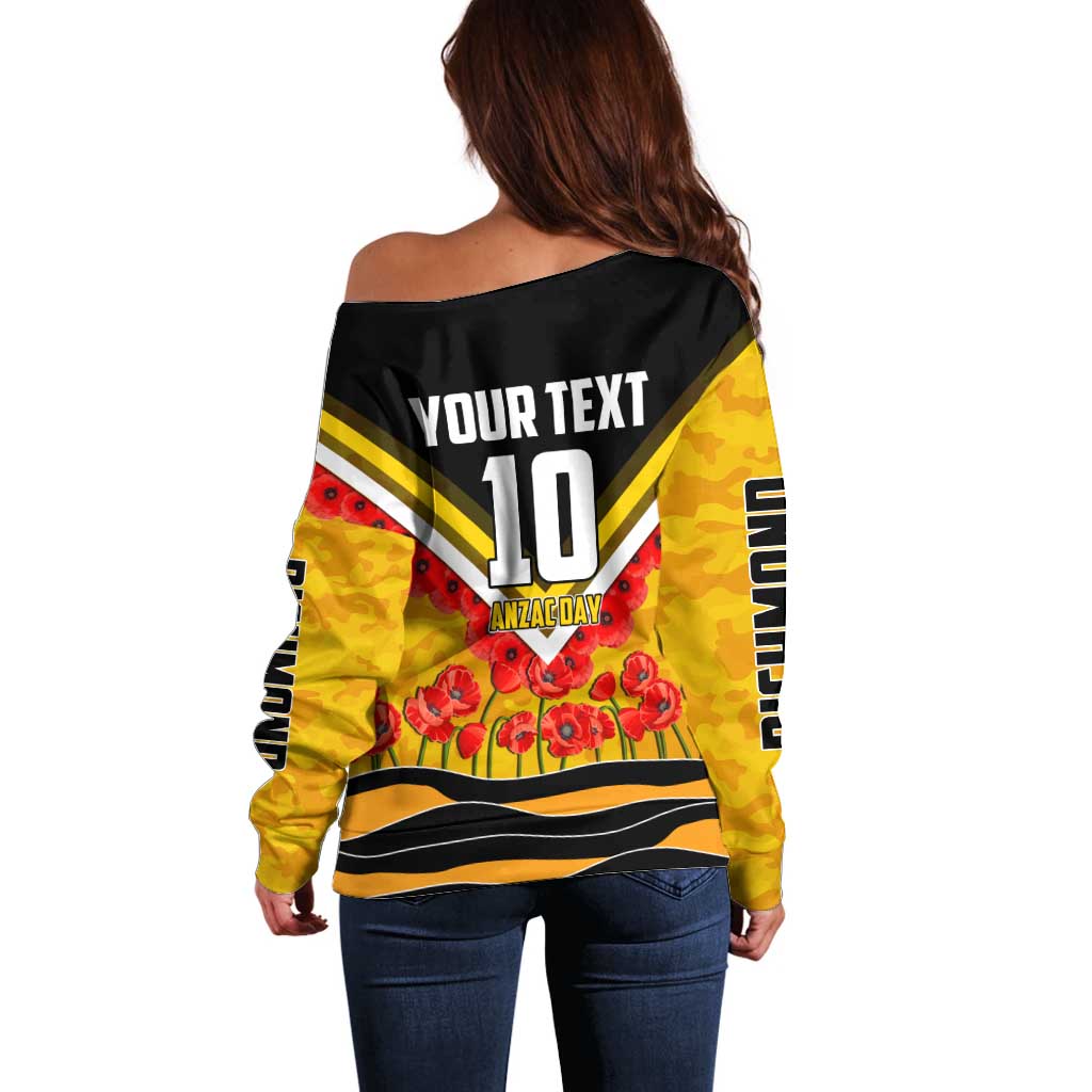 Personalised Richmond Tiger ANZAC Off Shoulder Sweater Military Remembrance Australian Football Mascot Camouflage