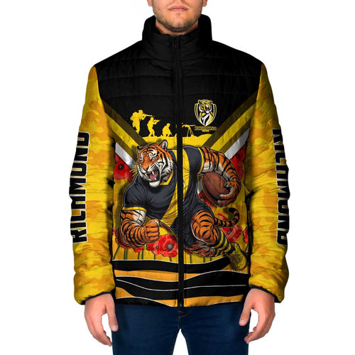 Personalised Richmond Tiger ANZAC Padded Jacket Military Remembrance Australian Football Mascot Camouflage