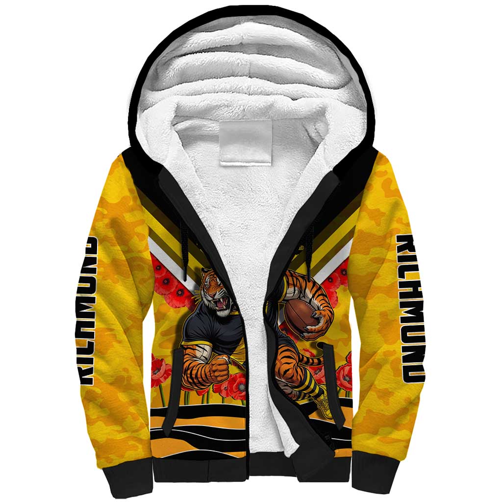Personalised Richmond Tiger ANZAC Sherpa Hoodie Military Remembrance Australian Football Mascot Camouflage