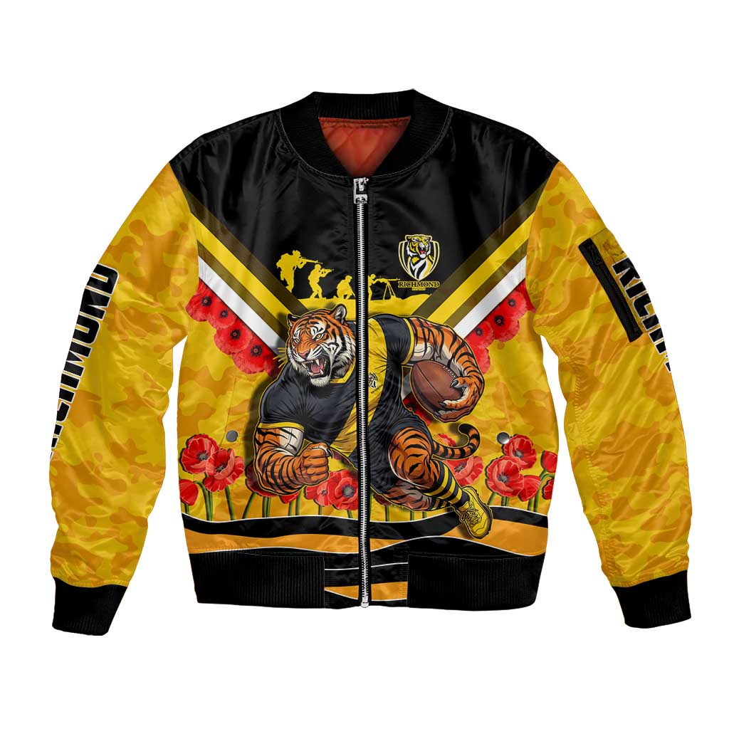 Personalised Richmond Tiger ANZAC Sleeve Zip Bomber Jacket Military Remembrance Australian Football Mascot Camouflage