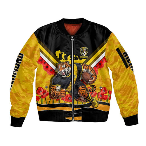 Personalised Richmond Tiger ANZAC Sleeve Zip Bomber Jacket Military Remembrance Australian Football Mascot Camouflage