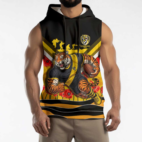 Personalised Richmond Tiger ANZAC Sleeveless Hoodie Military Remembrance Australian Football Mascot Camouflage