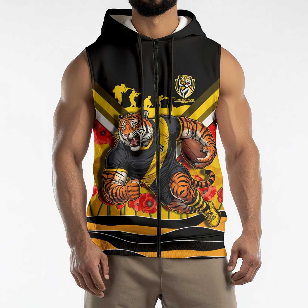 Personalised Richmond Tiger ANZAC Sleeveless Zip Hoodie Military Remembrance Australian Football Mascot Camouflage