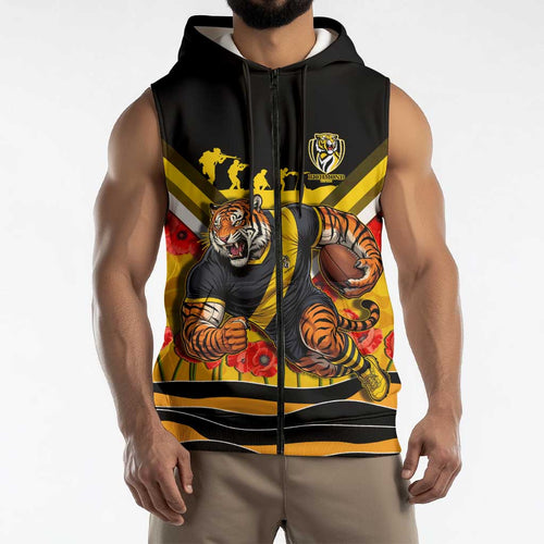Personalised Richmond Tiger ANZAC Sleeveless Zip Hoodie Military Remembrance Australian Football Mascot Camouflage