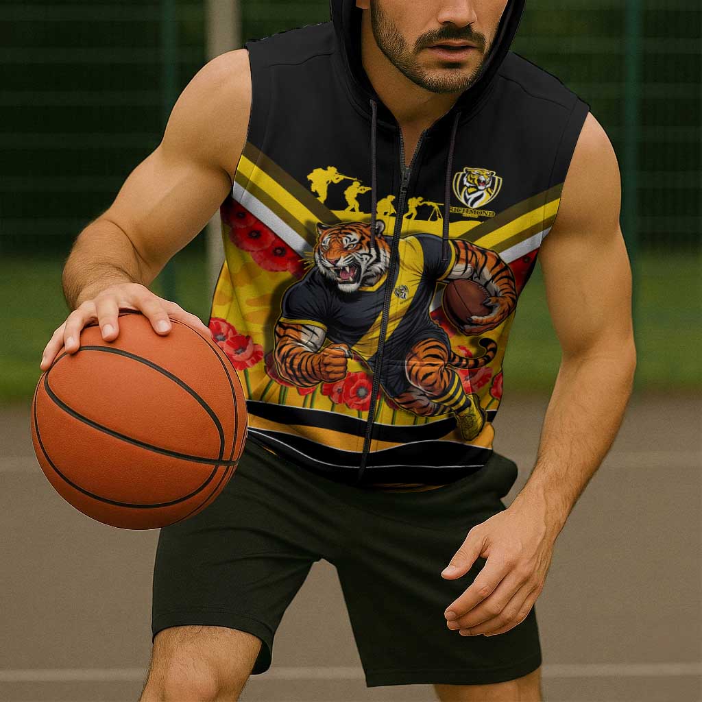 Personalised Richmond Tiger ANZAC Sleeveless Zip Hoodie Military Remembrance Australian Football Mascot Camouflage