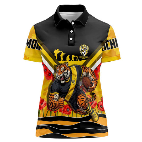 Personalised Richmond Tiger ANZAC Women Polo Shirt Military Remembrance Australian Football Mascot Camouflage