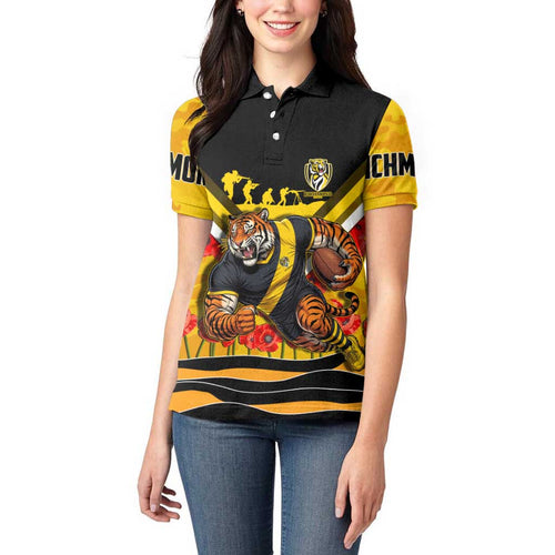 Personalised Richmond Tiger ANZAC Women Polo Shirt Military Remembrance Australian Football Mascot Camouflage