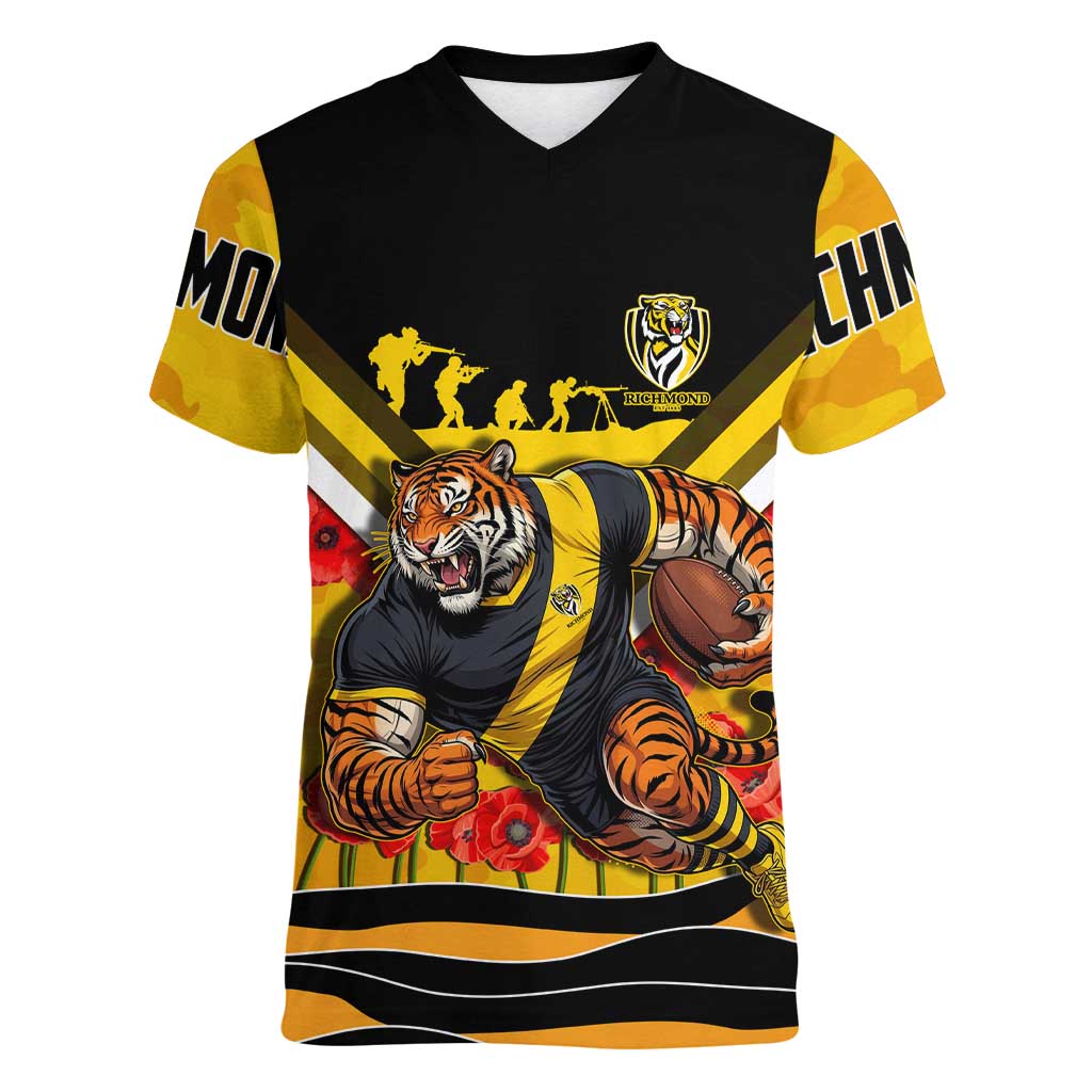 Personalised Richmond Tiger ANZAC Women V-Neck T-Shirt Military Remembrance Australian Football Mascot Camouflage