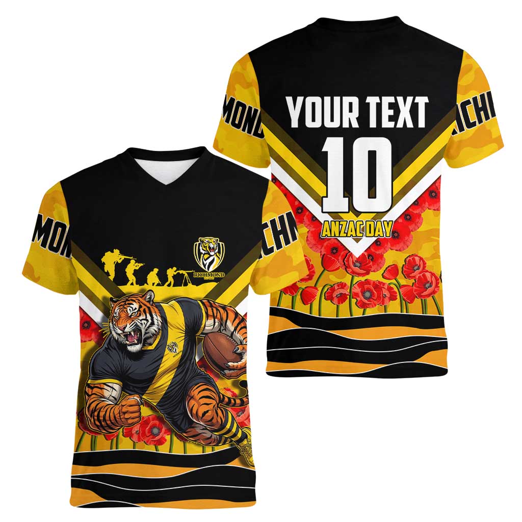 Personalised Richmond Tiger ANZAC Women V-Neck T-Shirt Military Remembrance Australian Football Mascot Camouflage