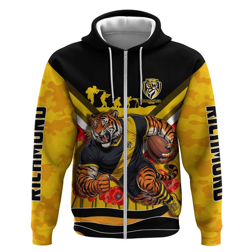 Personalised Richmond Tiger ANZAC Zip Hoodie Military Remembrance Australian Football Mascot Camouflage