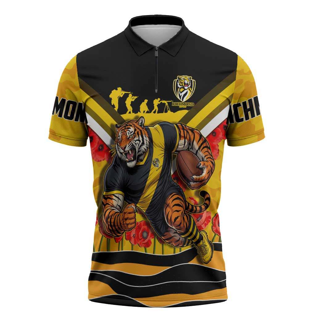 Personalised Richmond Tiger ANZAC Zipper Polo Shirt Military Remembrance Australian Football Mascot Camouflage