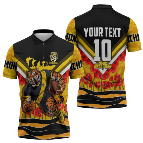 Personalised Richmond Tiger ANZAC Zipper Polo Shirt Military Remembrance Australian Football Mascot Camouflage